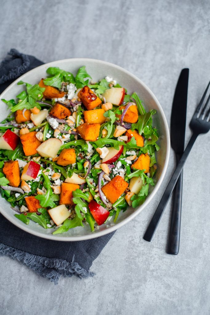 Salad as a meal? Why not. Elevate your salad game with this. The crisp, juicy bite of fresh apples creates a delightful textural contrast against the velvety, cinnamon-spiced warmth of the roasted butternut squash. The feta cheese adds creamy richness, the cashews provide a satisfying crunch, and the peppery arugula brings a refreshing bite to the salad. You will not want to miss out on this delightful combination that is sure to impress